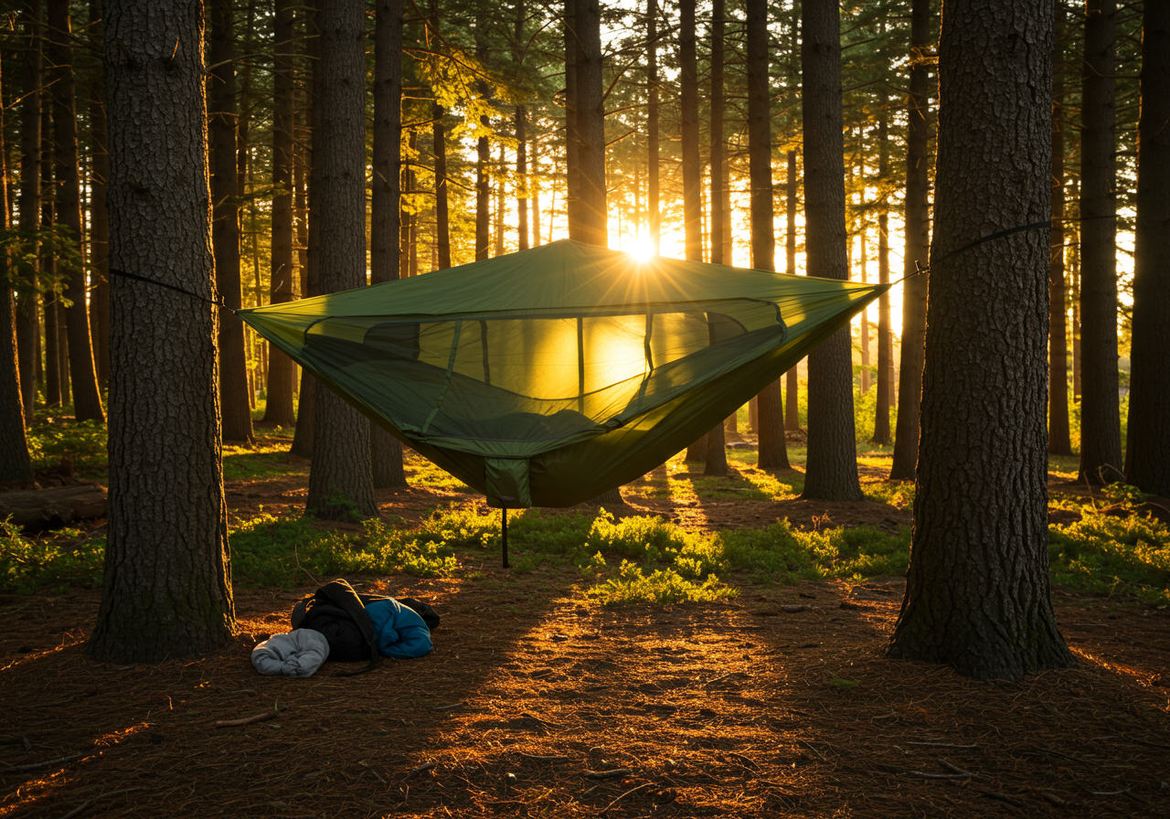 Nube hammock shelter suspended between trees in forest