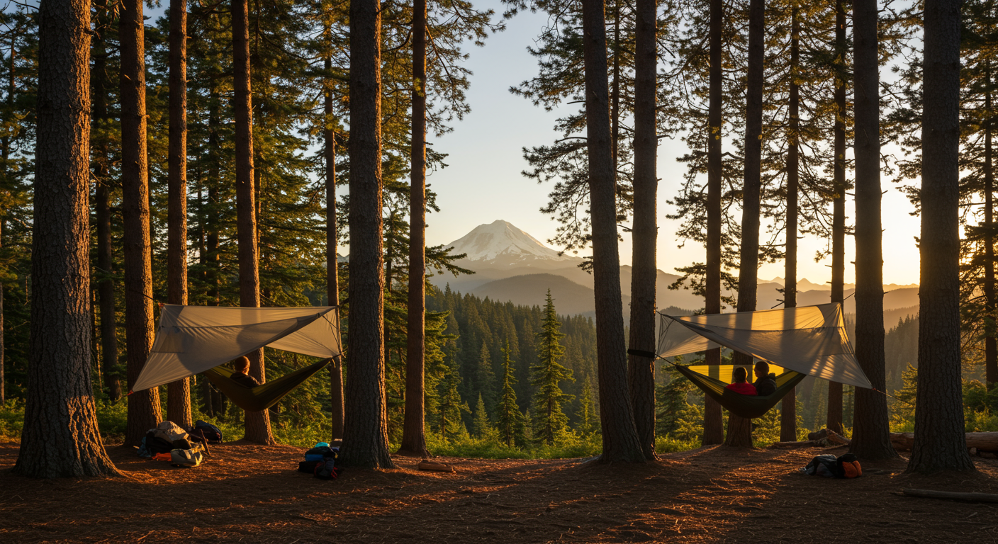 Couple camping together in hammock shelters at golden hour in Pacific Northwest forest